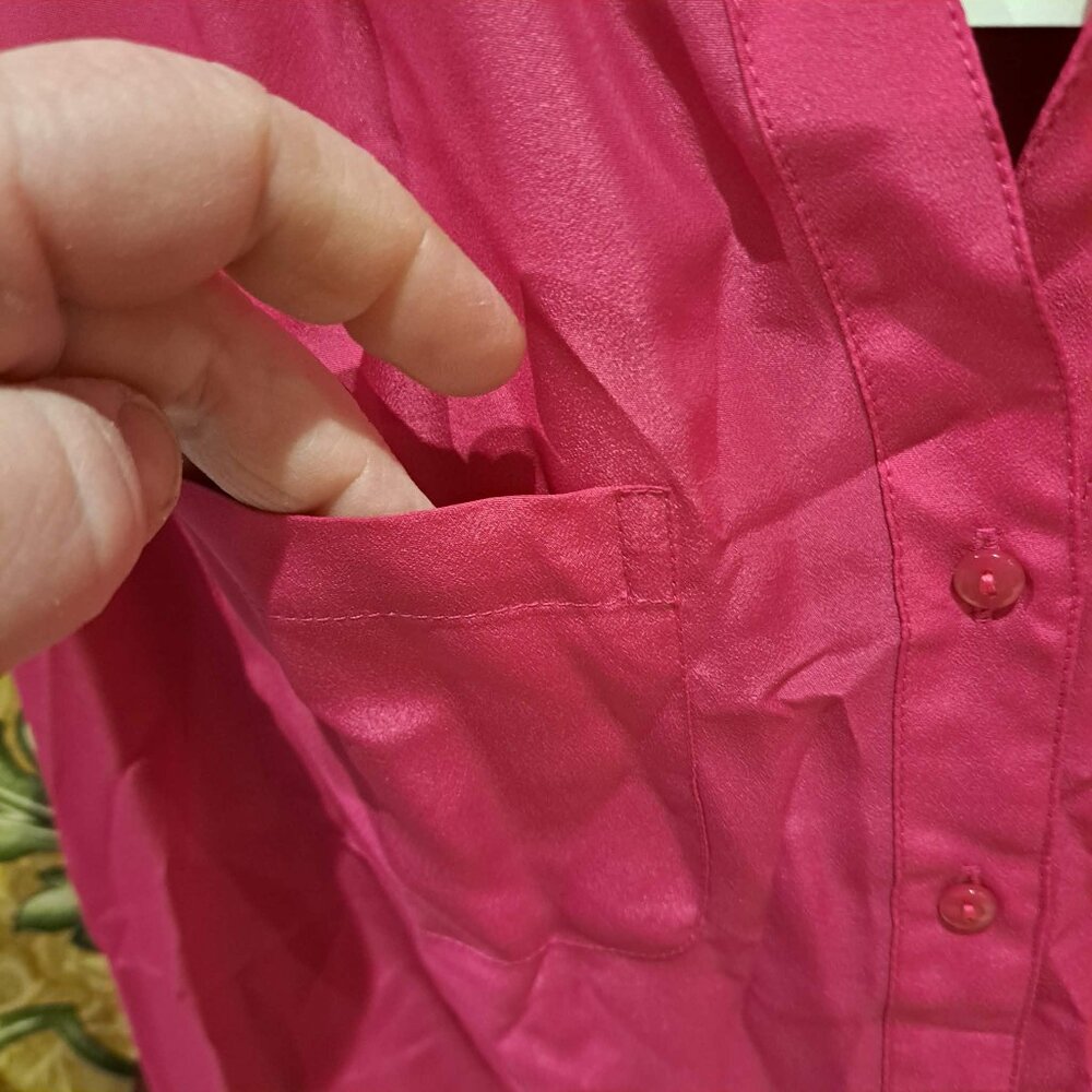 Bright pink sleeveless tank women's button down blouse shirt - Picture 2 of 9